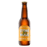 Brown beer bottle with 'Stone Wood Pacific Ale' label on a white background