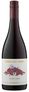 A bottle of Strelley Farm Pinot Noir red wine from Tasmania, featuring a dark glass bottle with a white label decorated with a colorful illustration of grapes and fruit, and a dark red foil at the neck.