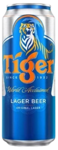 A single can of Tiger Lager Beer centered on a plain white background. The can is predominantly metallic blue with a silver top and bottom, featuring the orange and blue Tiger logo and text.