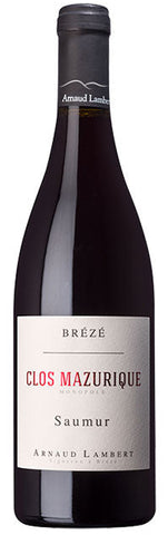 Wine bottle of Clos Mazurique Breze Saumur by Arnaud Lambert on a white background