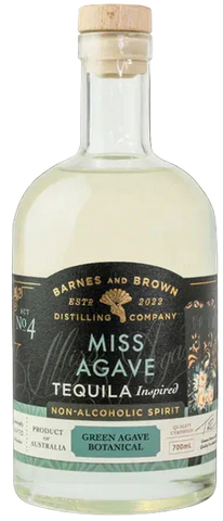 Bottle of Miss Agave Tequila Inspired non-alcoholic spirit with a black label on a white background