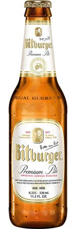 Bitburger Premium Pils beer bottle on a white background
