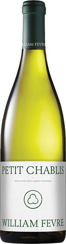 Bottle of William Fevre Petit Chablis wine with a green cap and white label.