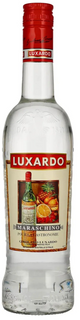A bottle of Luxardo Maraschino liqueur, featuring a clear glass bottle with a red cap and a cream-colored label with red and orange accents.