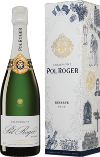 Champagne Pol Roger bottle and packaging on a white background