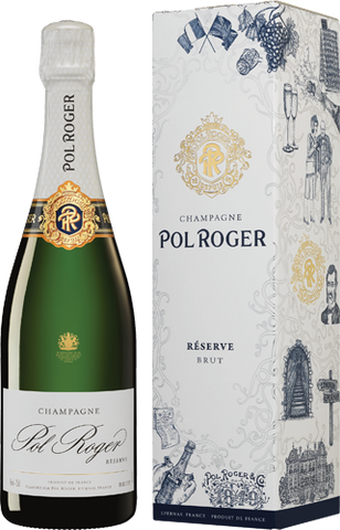 Champagne Pol Roger bottle and packaging on a white background