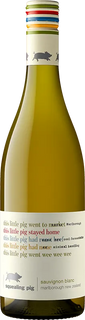 Bottle of Sauvignon Blanc wine with a colorful label featuring a pig illustration.