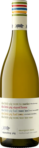 Bottle of Sauvignon Blanc wine with a colorful label featuring a pig illustration.