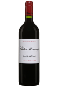 A bottle of Chétaié Maucamps Haut-Médoc Cru Bourgeois wine with a red label and a clear glass bottle.